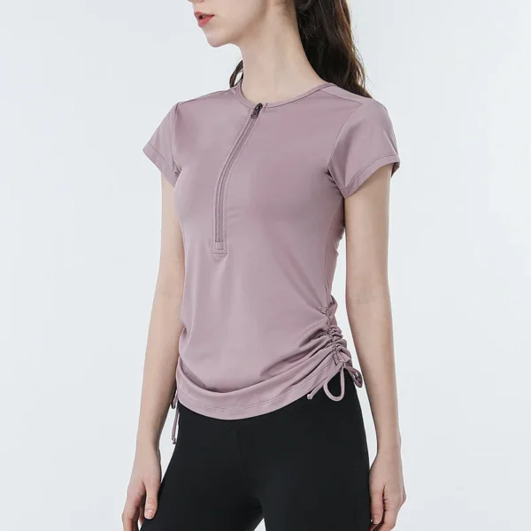 Summer Women Sport Tops Zipper Collar Yoga Shirt Bandage Fitness Running Short Sleeves T-shirt Girls Slim Gym Workout Tee Blouse - Image 3