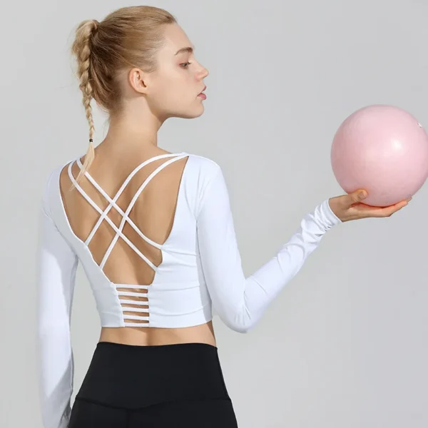 Yoga Shirts Workout Open Back Top Long Sleeve Crop Top Women Spring Autumn Gym Cross Back Sports Shirt Short Sleeve Summer - Image 2