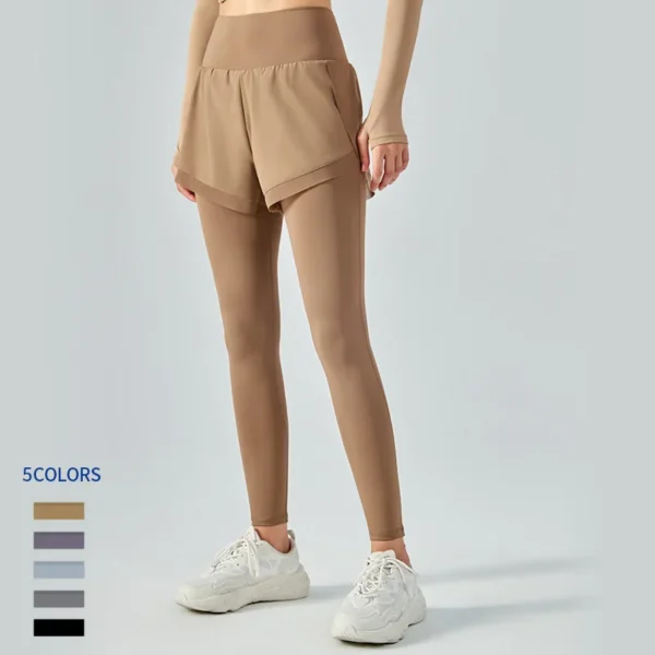 Women Yoga Leggings Pants Elastic High Waist Anti Slip Fake Two Piece Mesh Pant Skirt Fitness Pants Women's Running Tights