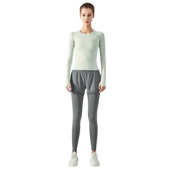 Women Yoga Leggings Pants Elastic High Waist Anti Slip Fake Two Piece Mesh Pant Skirt Fitness Pants Women's Running Tights - Image 3