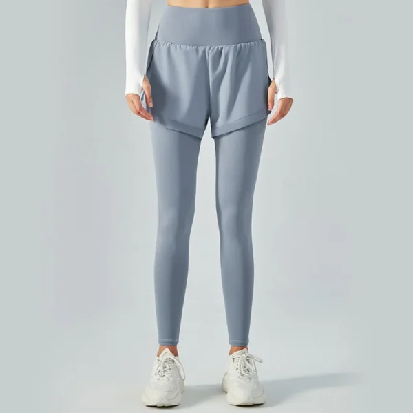 Women Yoga Leggings Pants Elastic High Waist Anti Slip Fake Two Piece Mesh Pant Skirt Fitness Pants Women's Running Tights - Image 4