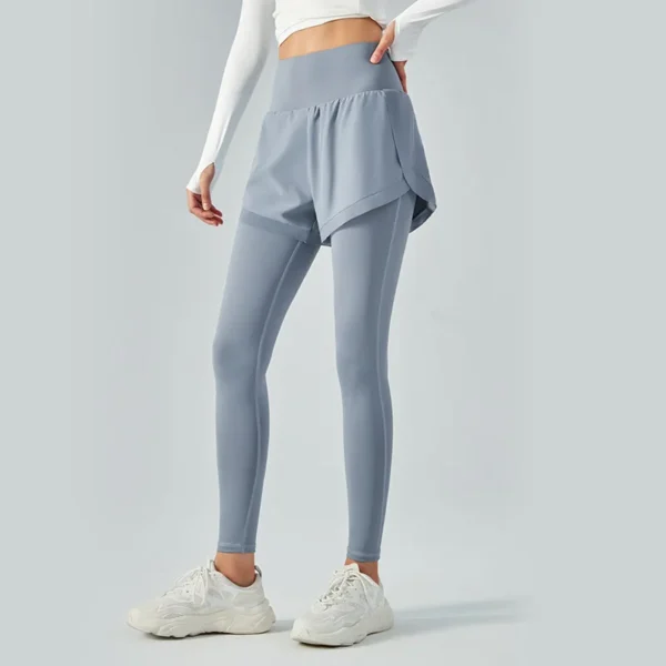 Women Yoga Leggings Pants Elastic High Waist Anti Slip Fake Two Piece Mesh Pant Skirt Fitness Pants Women's Running Tights - Image 6